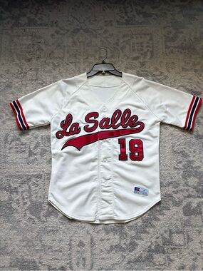 Vintage Russel Athletic De La Salle White & Red Baseball Jersey- Script Logo #19